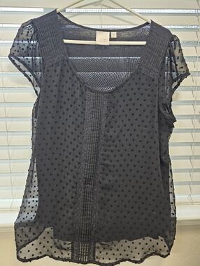 LC Lauren Conrad Black Sheer Swiss Dot Cap-Sleeve Blouse
